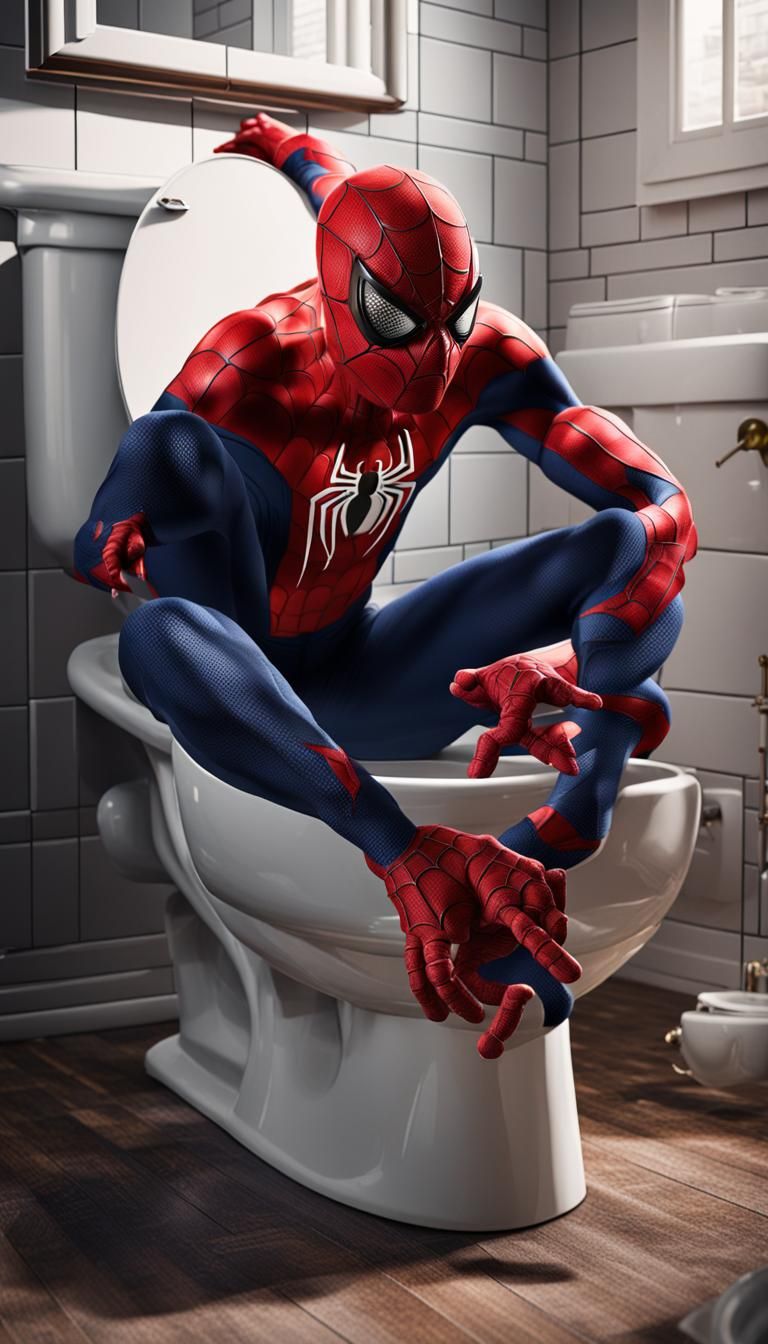 Spiderman on Toilet: Hyperrealistic 8k Detailed Matte Painti...
