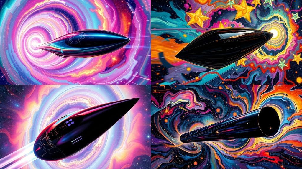 Sleek Spaceship Races Through Colorful Plasma Vortex