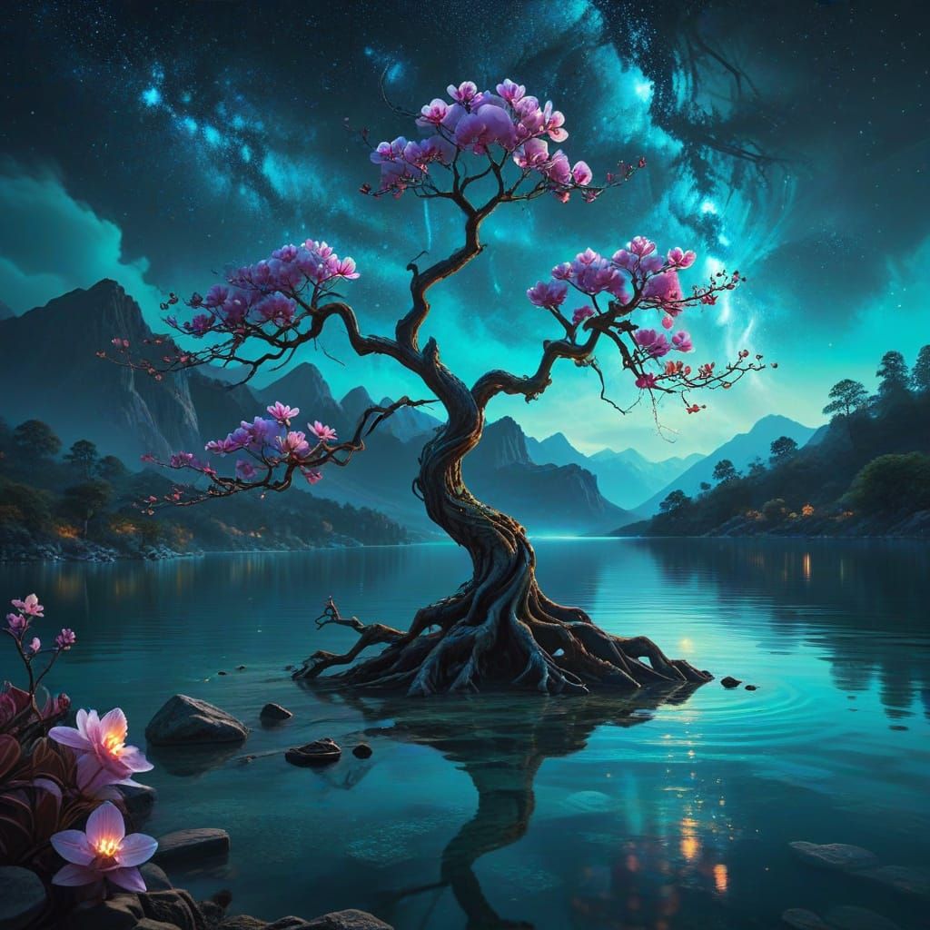 Ancient Tree by Turquoise Lake: Digital Art