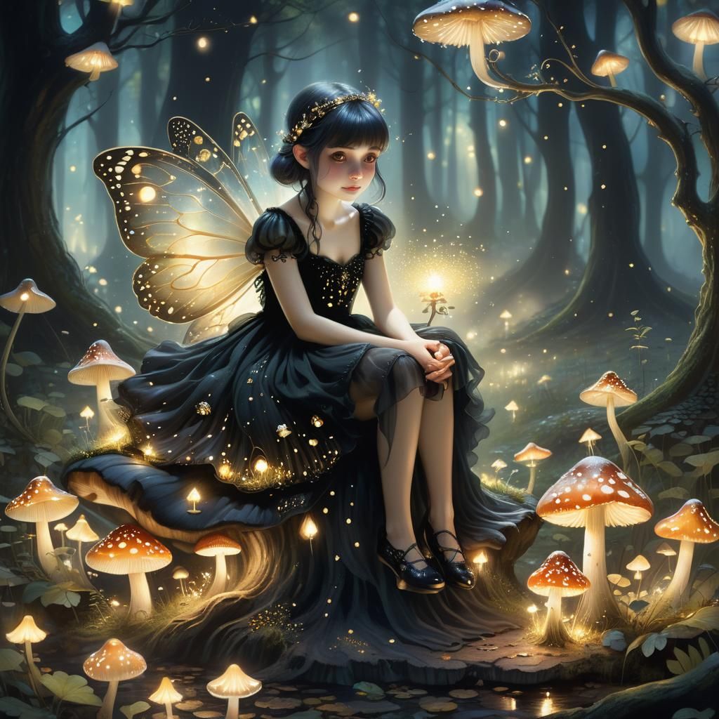 Fairy Goth Girl in Enchanted Forest, Golden Symbolism Style