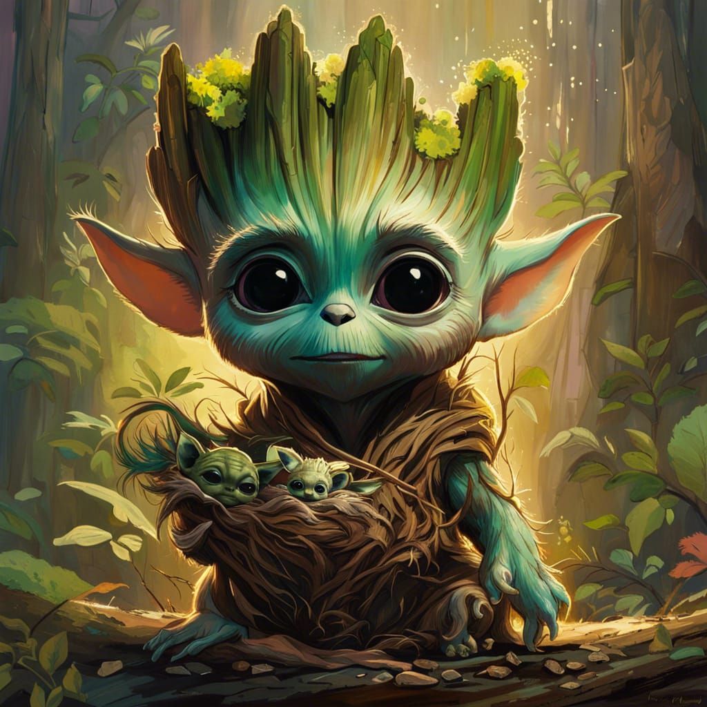 Adorable Groot and Baby Yoda Portrait