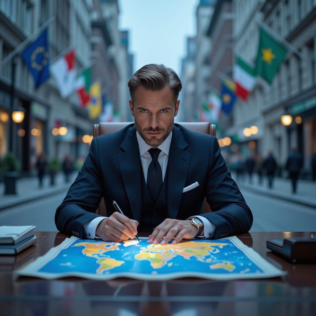 World Leader Studies Globe in Futuristic Style