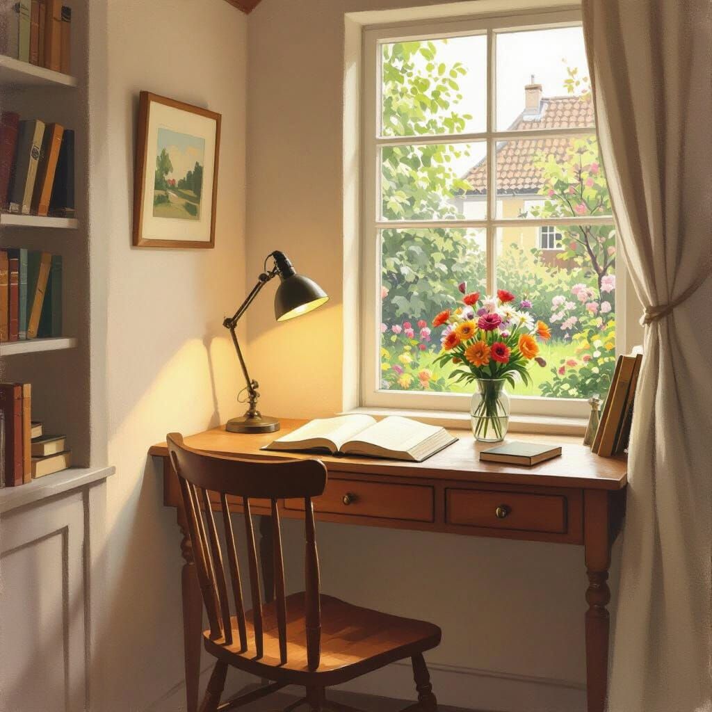 Cozy Study Booth with Garden View in Impressionist Style