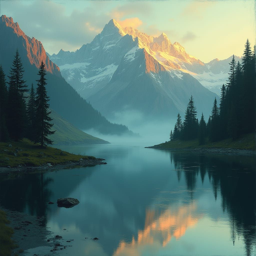 Mountains Reflected in Lake with Mystical Undertones