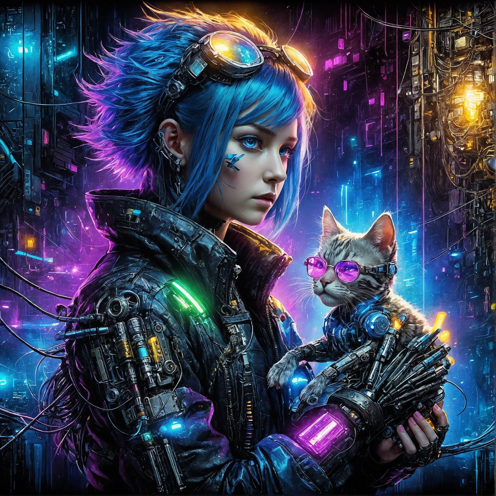 Cyberpunk Girl with Cyber-Kitten in Mixed Media