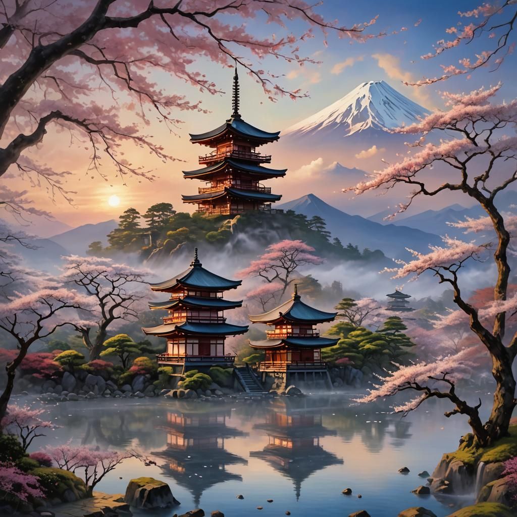 Mist Shrouded Japanese Landscape with Pagoda