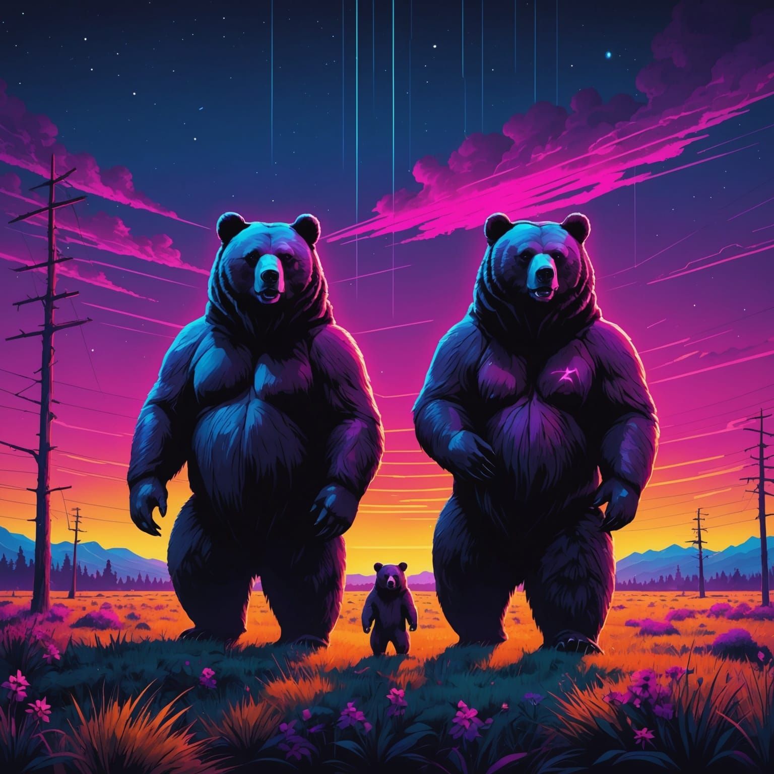 Synthwave Bears Roaming in Neon Field