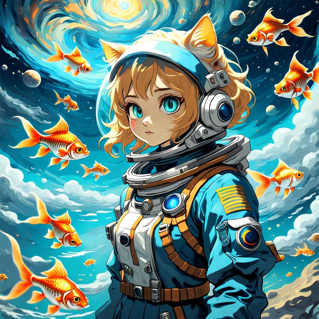Cat Girl Astronaut in Van Gogh Style