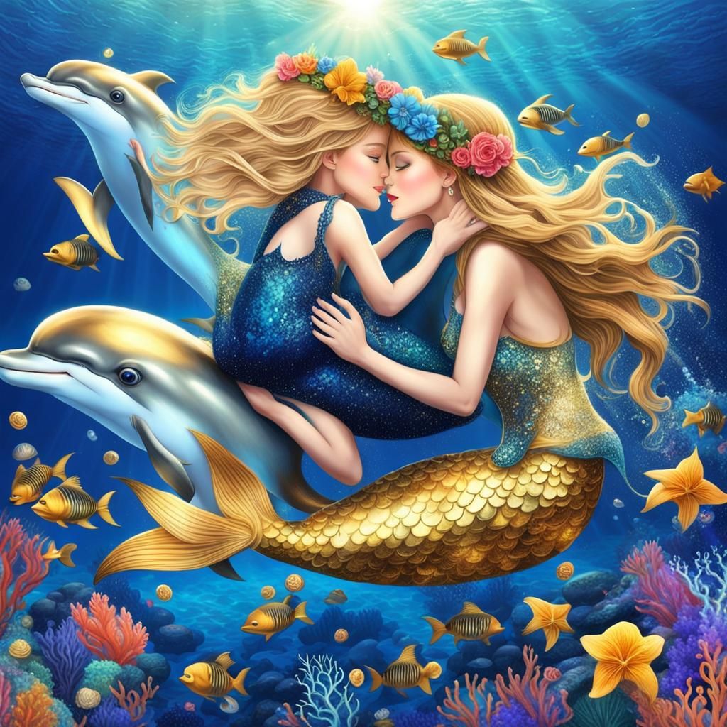 Mermaid Playing with Dolphins in Galaxy Lit Ocean