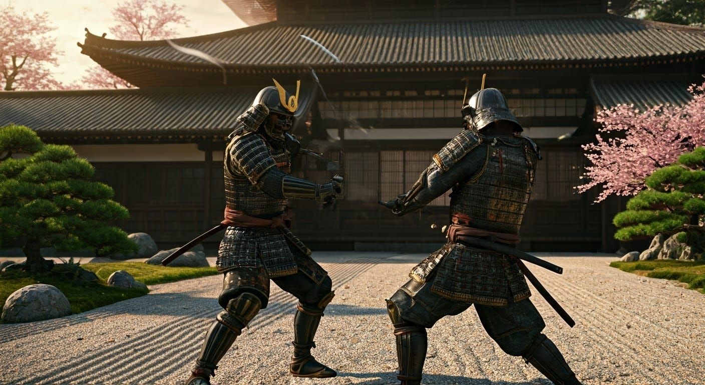 Armored Samurai Duel in Traditional Japanese Setting