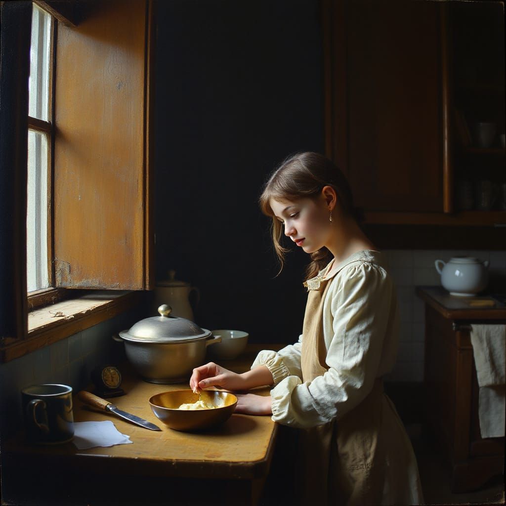 Young Girl in Chiaroscuro Oil Painting