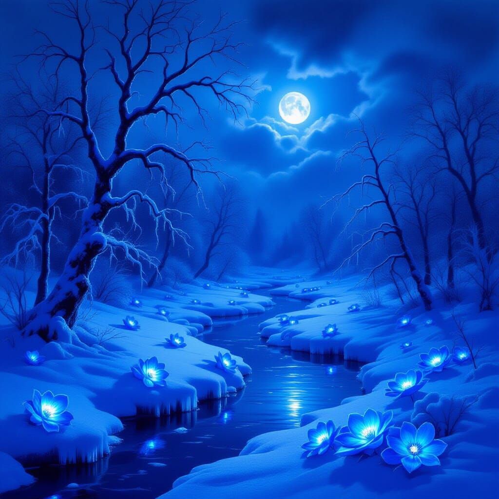 Ethereal Blue Flowers Illuminate Frozen Winter Landscape