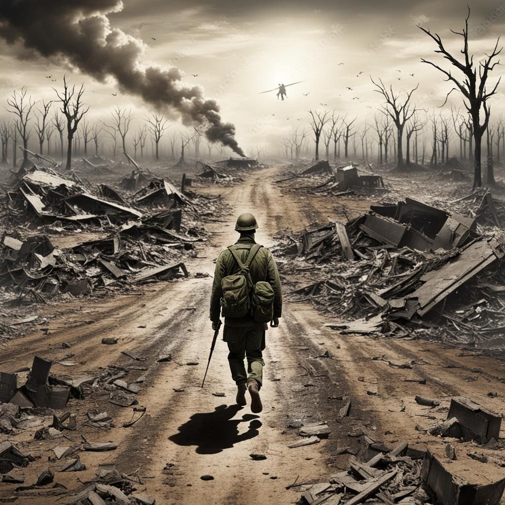 Man Walks Through War-Torn Landscape