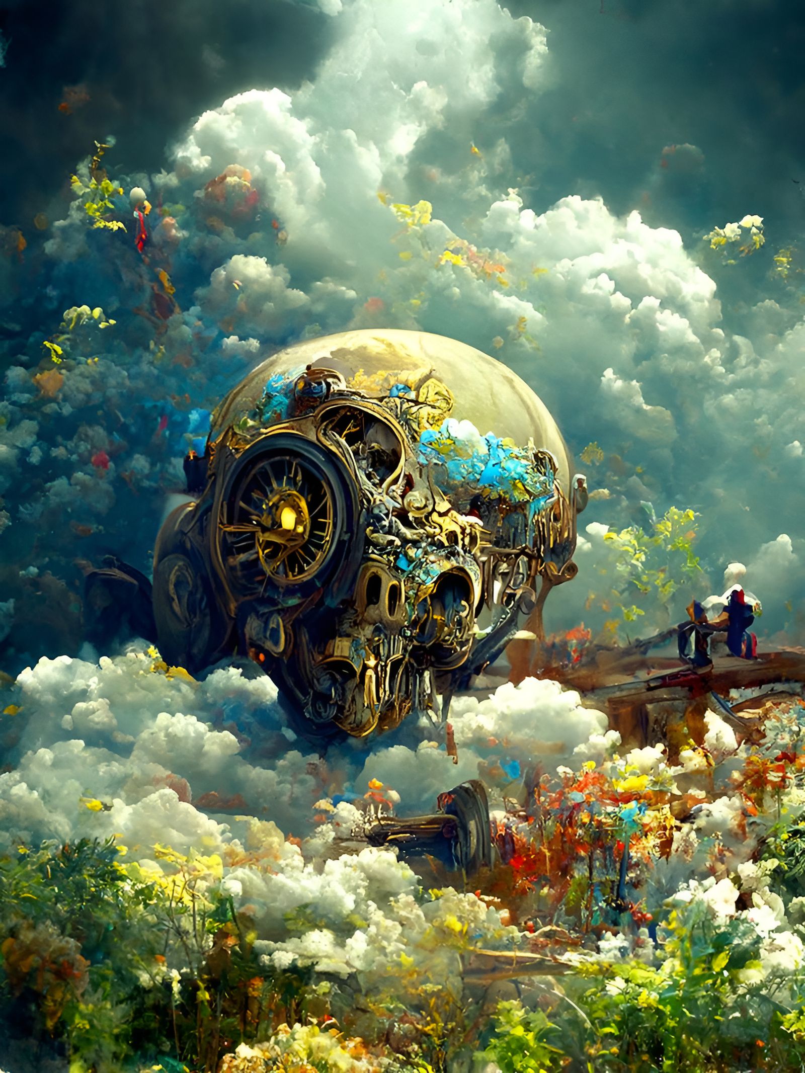 Mechanical Skeleton Plummets from Heaven: Detailed Painting