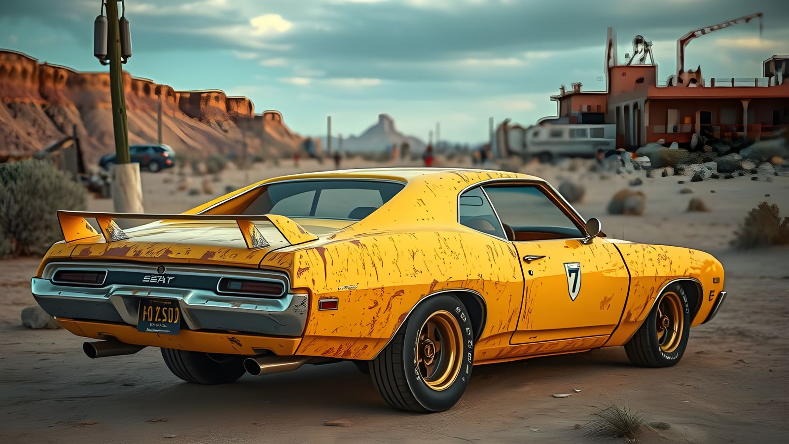 Cyberpunk Muscle Car in Badlands, Hyperrealistic HDR