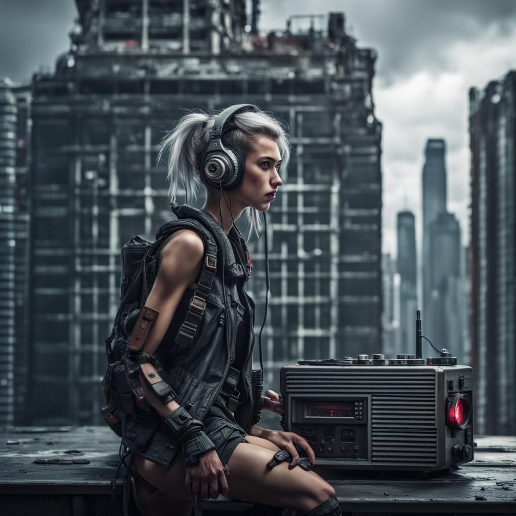 Cyberpunk Girl with Radio in Dystopian City