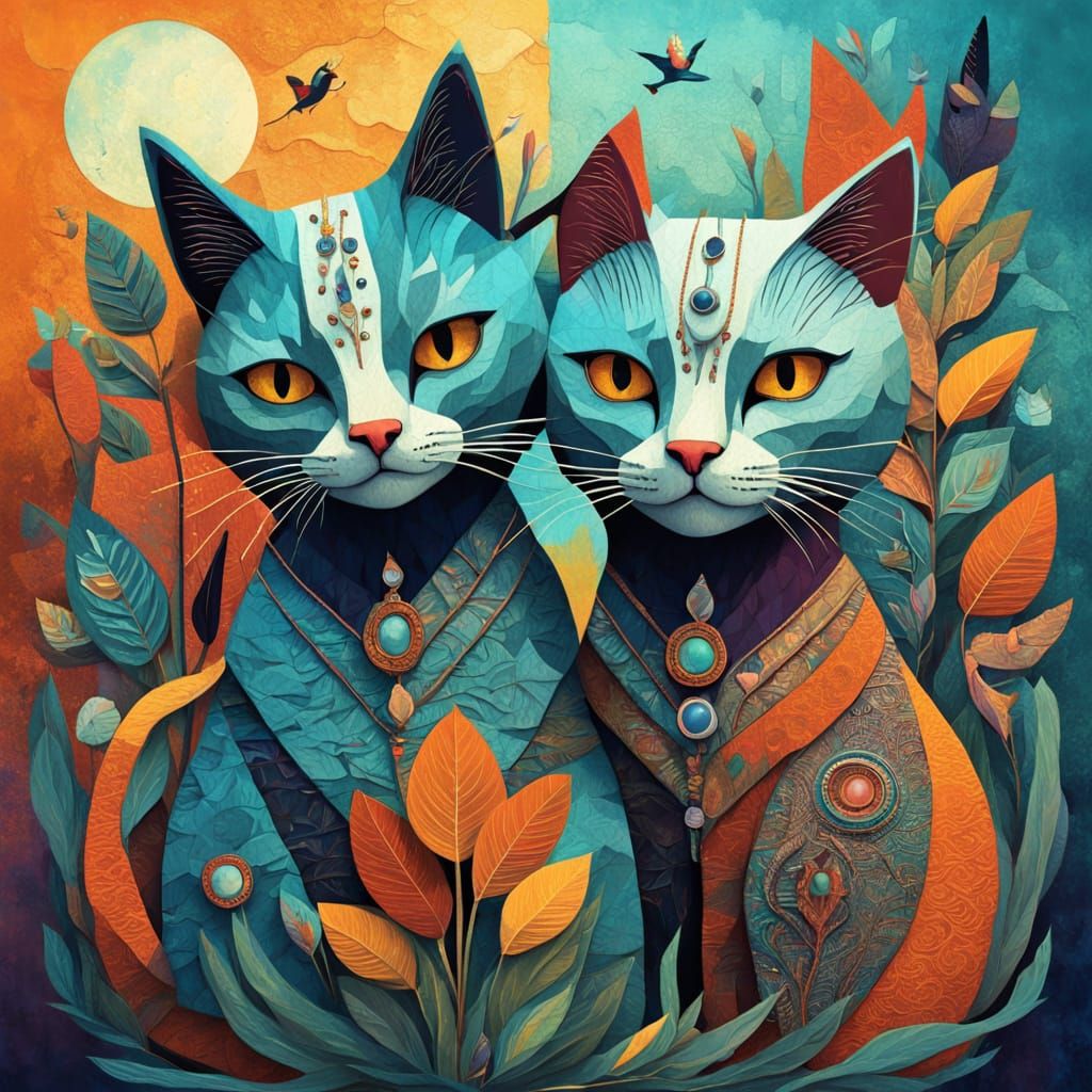 Surreal 3D Collage of Elongated Cats