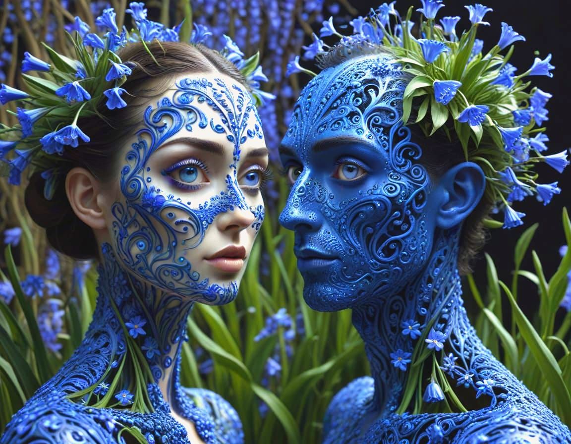 Surreal Couple with Bluebell Heads Inspired by Dali and Modi...