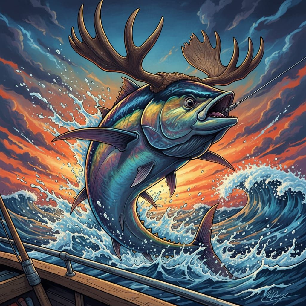 Tuna-Moose Hybrid Fights Fishing Line Splash Art