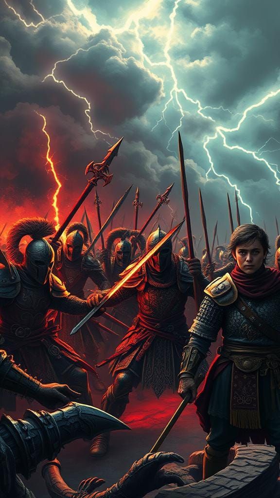 Epic Battle Across Time in Dark Fantasy Style