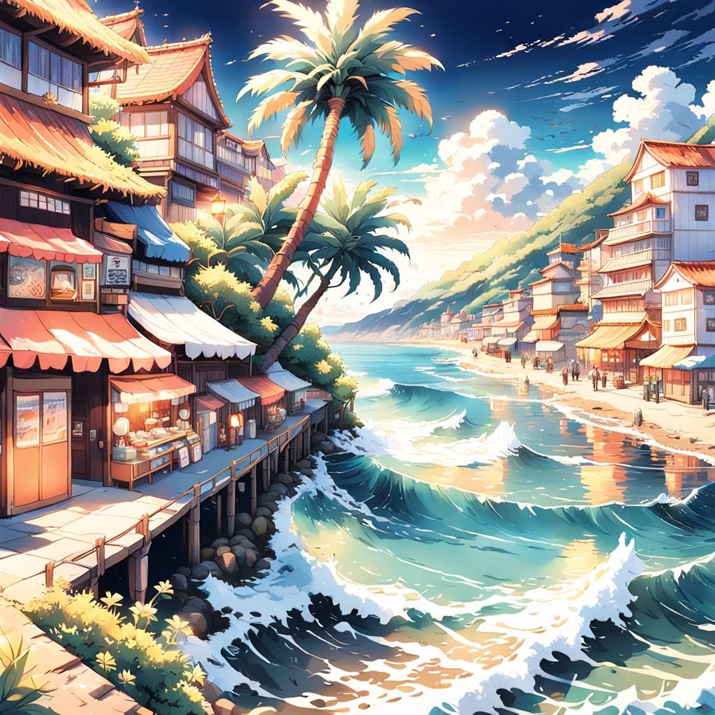 Anime Seaside Village with Crustaceans in Pixiv Style