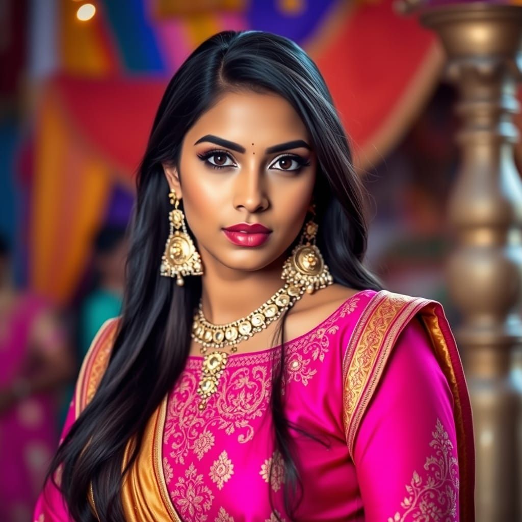 Confident Indian Woman in Vibrant Pink and Gold