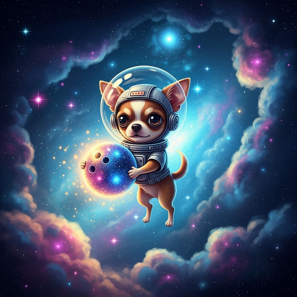 Chihuahua Astronaut in Nebula with Stardust Bowling Ball