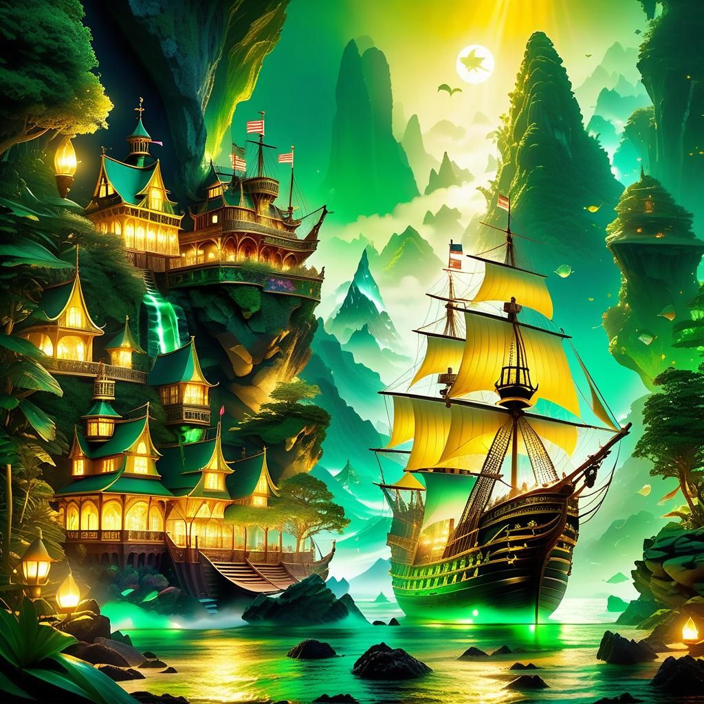 Fantasy Pirate Ship Sailing Neverland with Mermaids