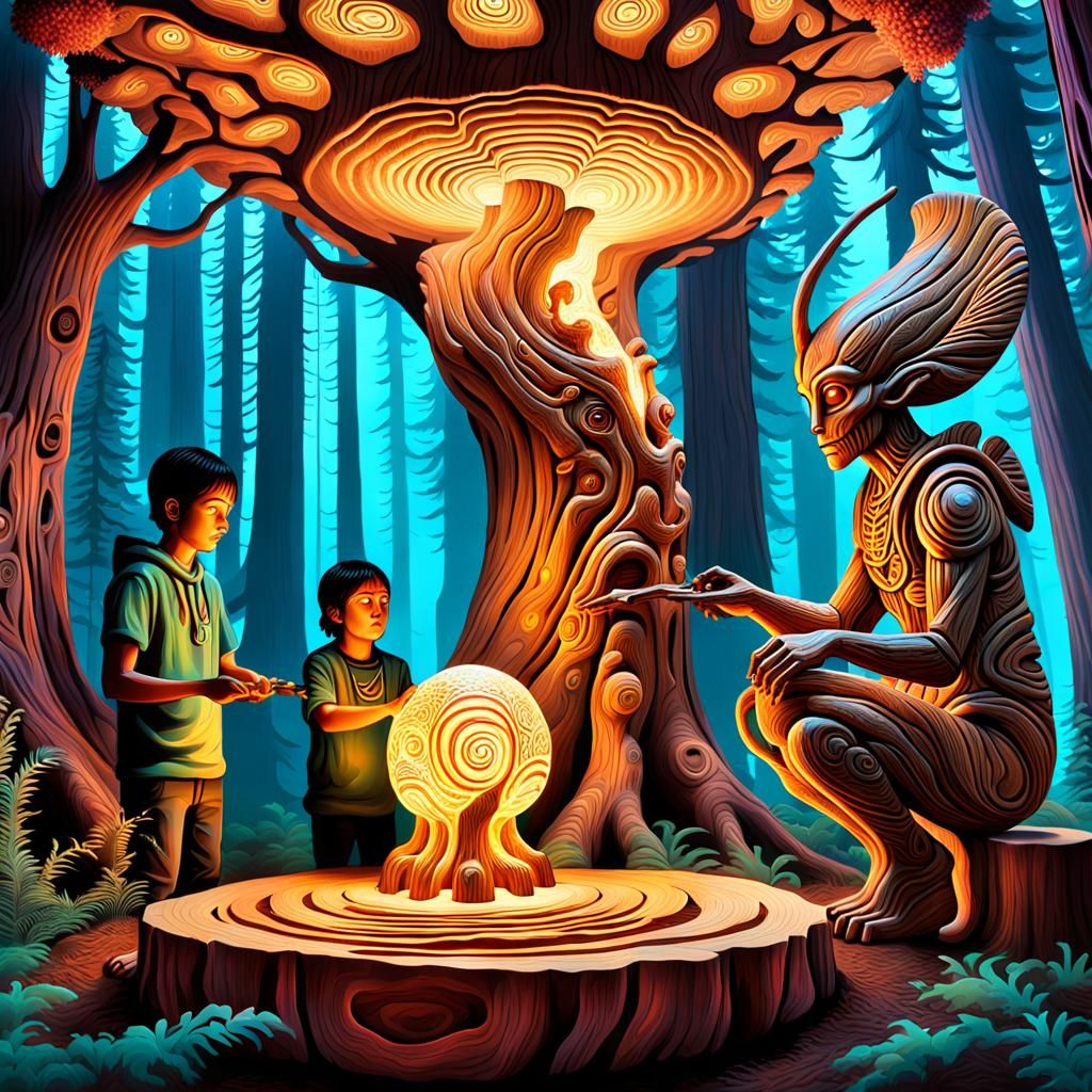 an alien wood sculptor is start carving a sequoia into the s...