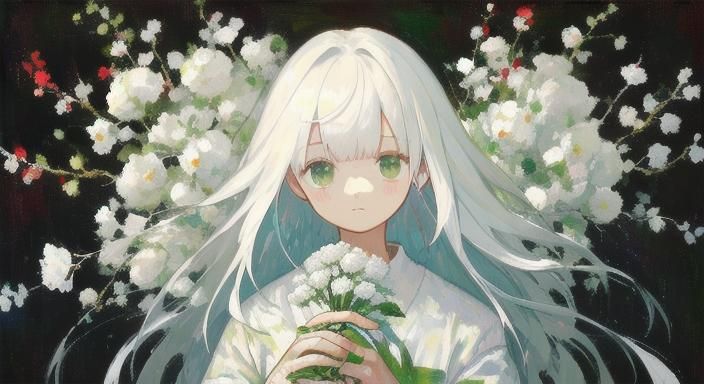Boy with White Hair Holding Flowers, in Expressionist Style