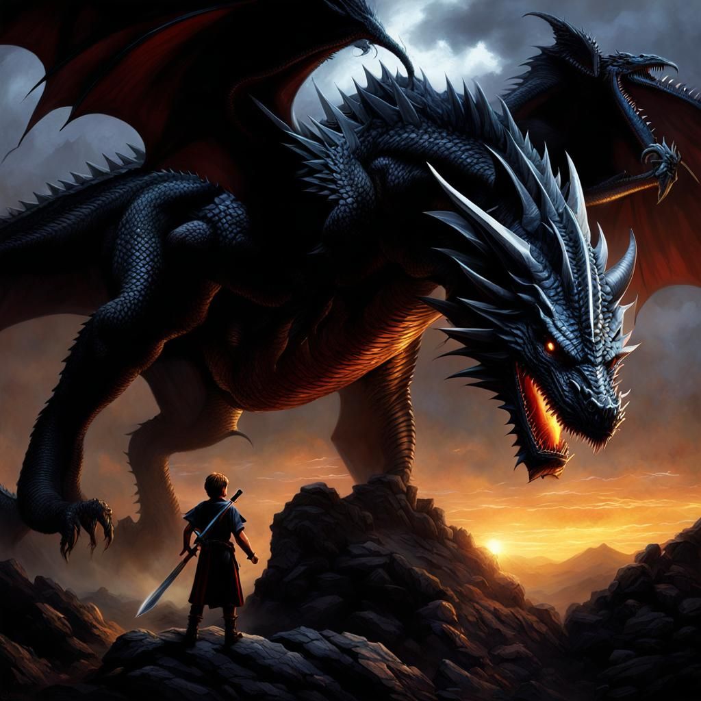 Boy and Dragon Duel in Chiaroscuro Style