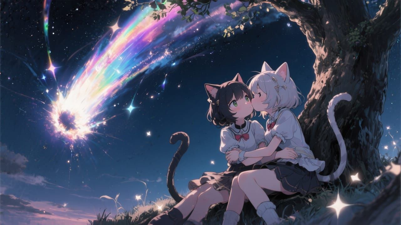Anime Catgirls' Goodbye Kiss Under Meteor Shower