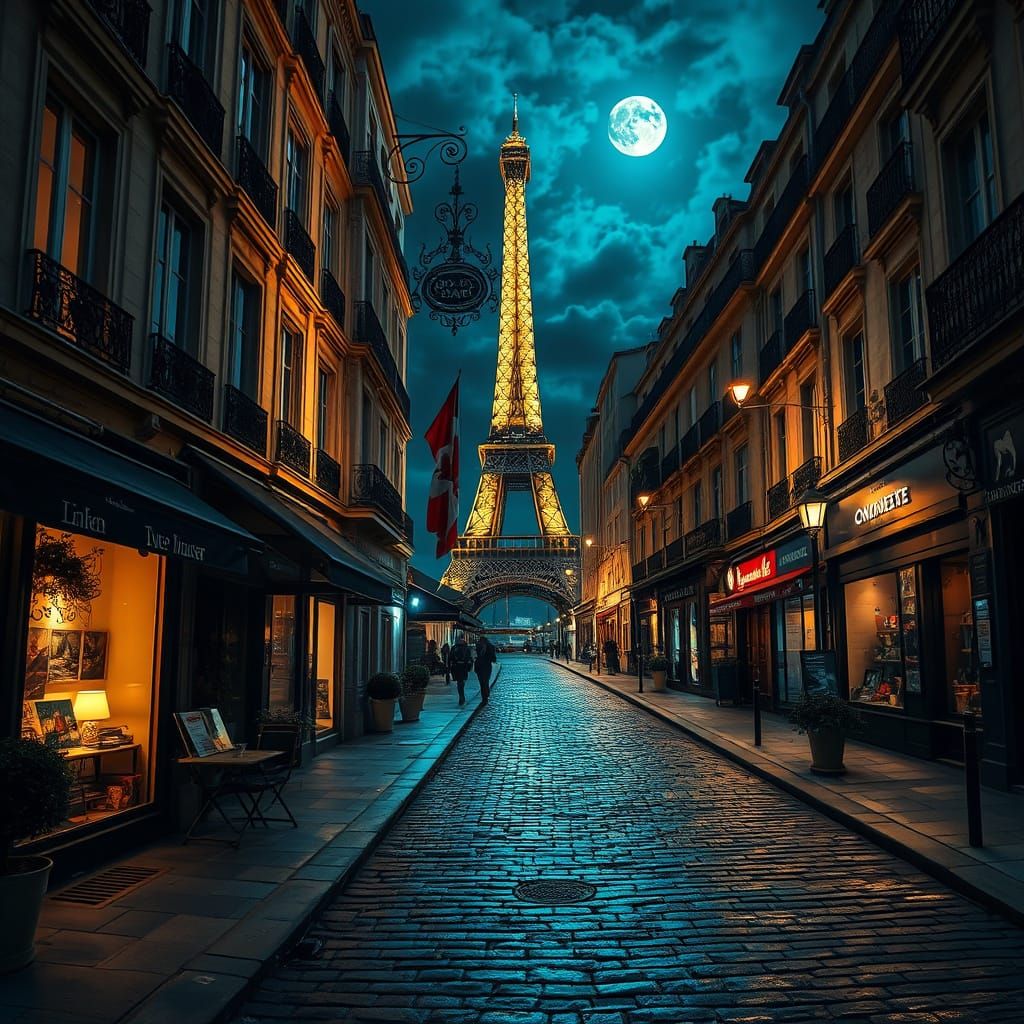 Wonky Wobbly Parisian Street at Night with Eiffel Tower