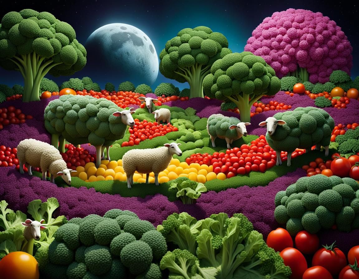 Vegetable Landscape with Cauliflower Sheep: Hyper-Realistic ...