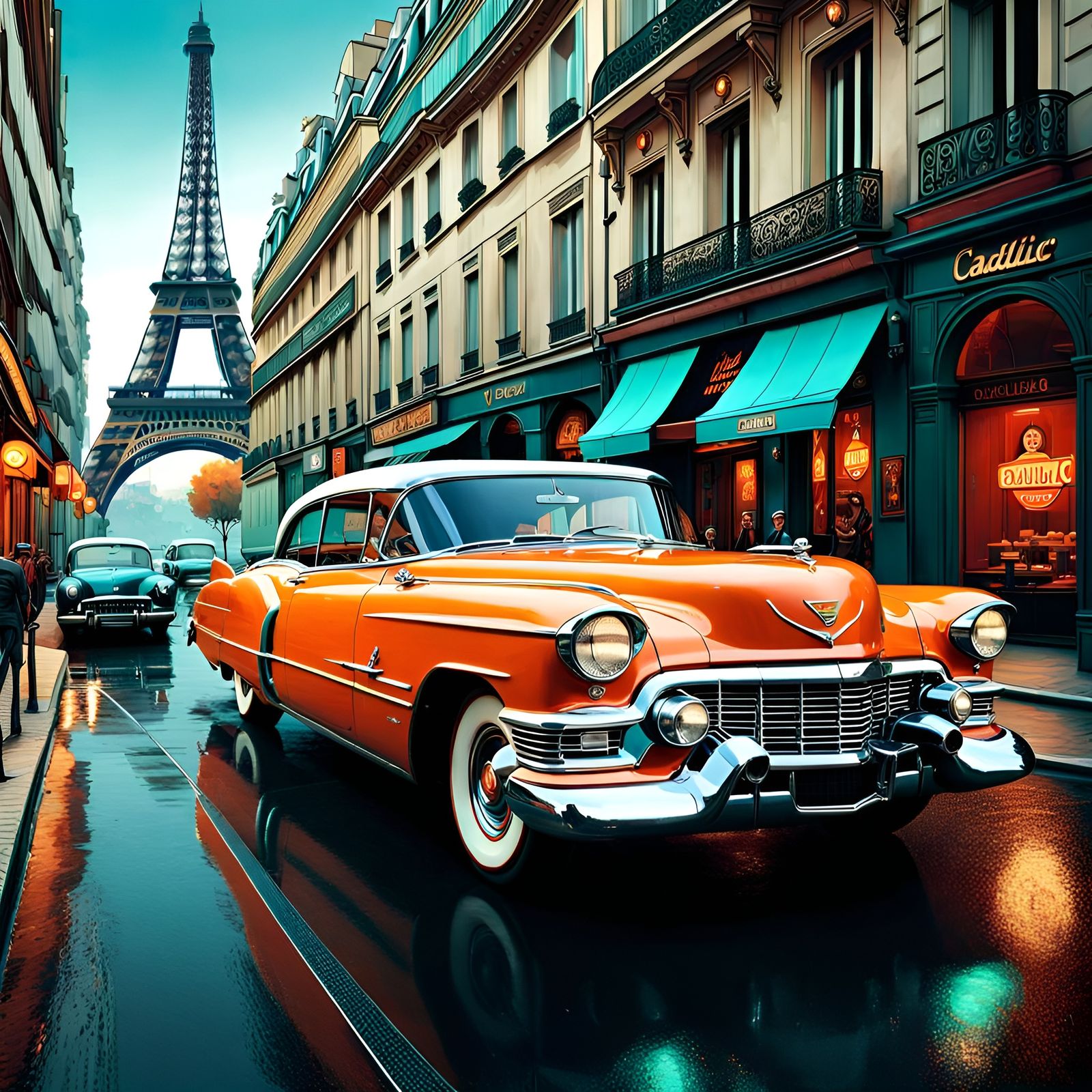 Retro Cadillac in 1950s Paris: Digital Matte Painting
