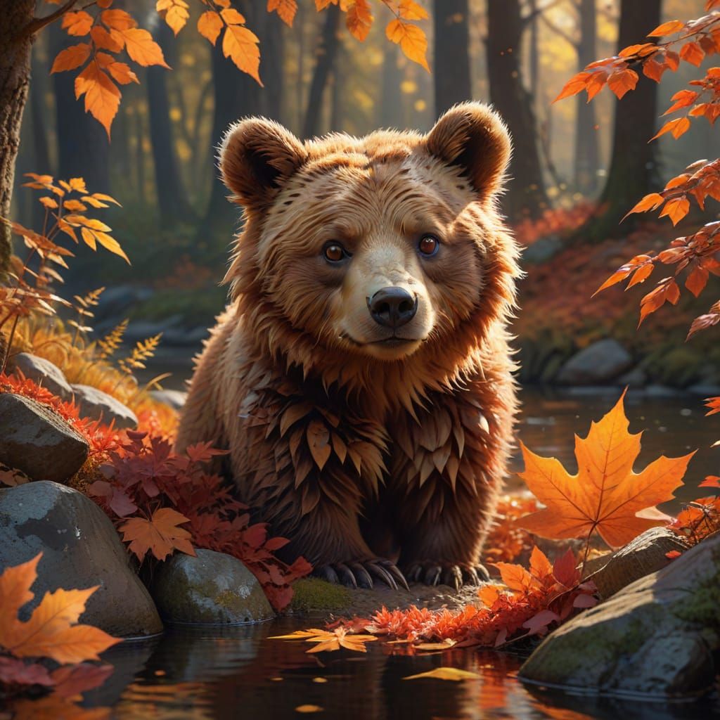 Little Bear Peeking From Autumn Leaves in Golden Hour