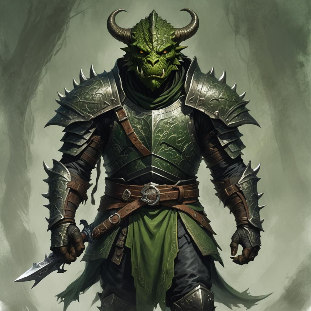 Black Dragonborn Fighter with Green Eyes