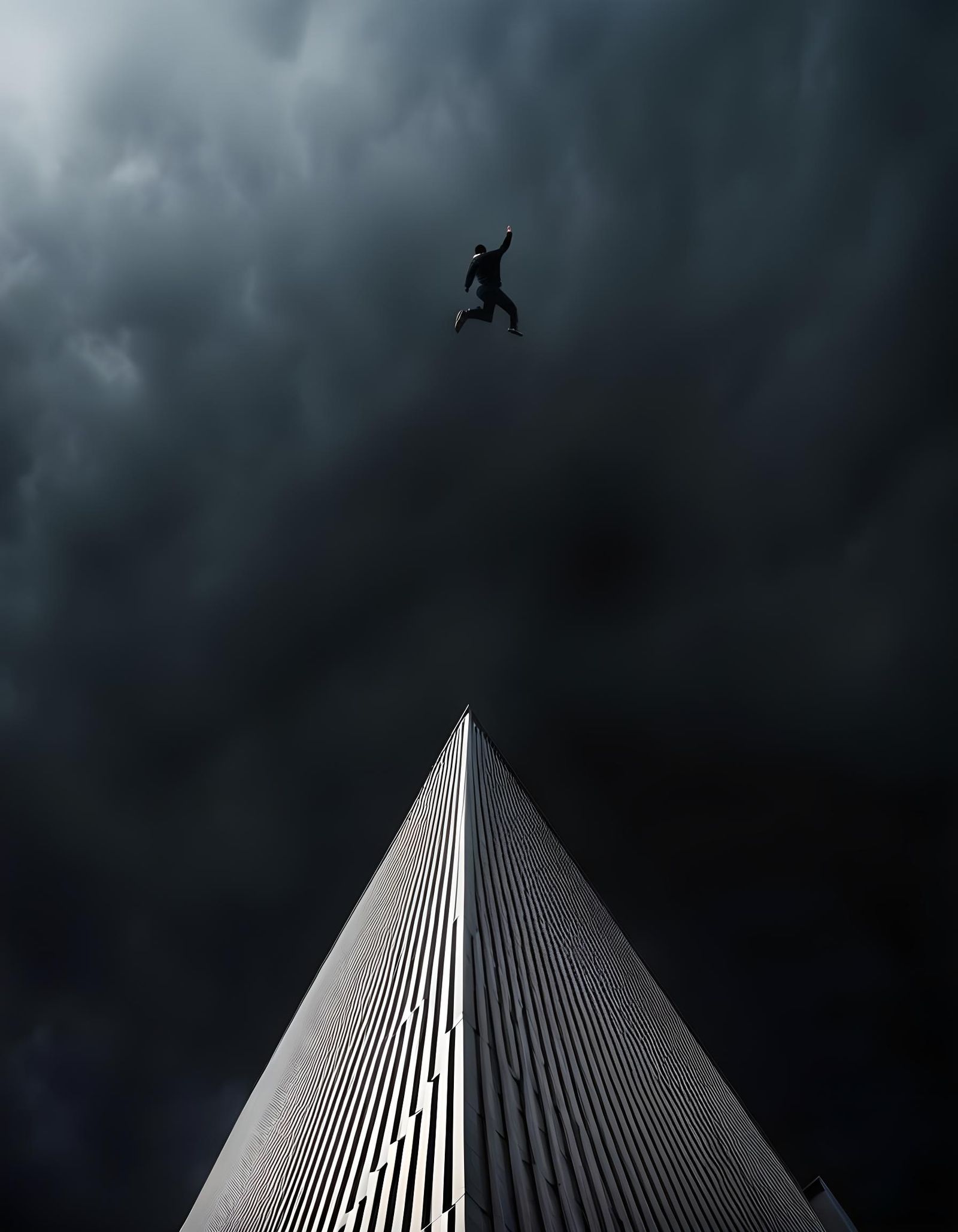 Minimalist Leap: High Building in Vast Dark Space