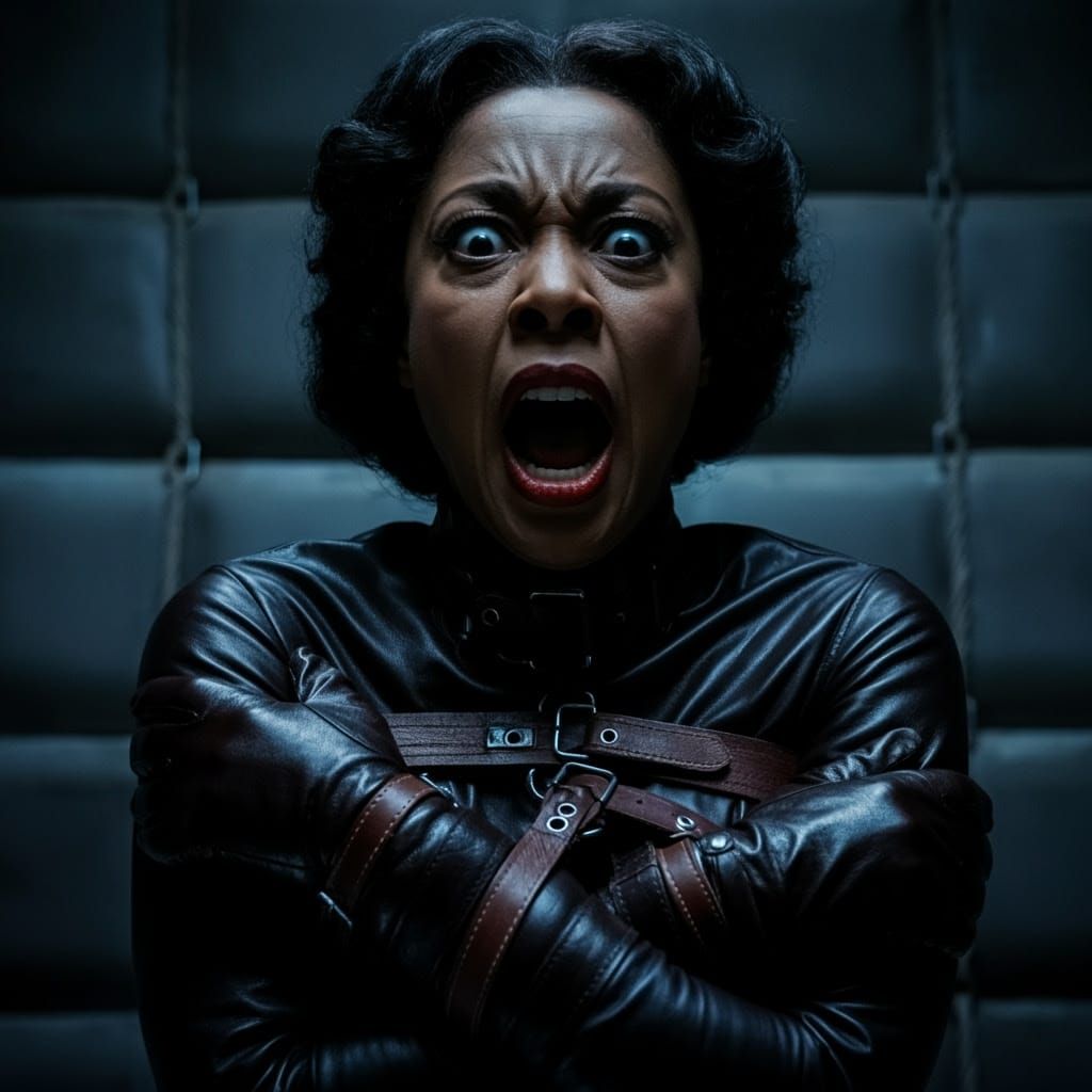 Frantic Woman in Straitjacket: A Dark Thriller Scene