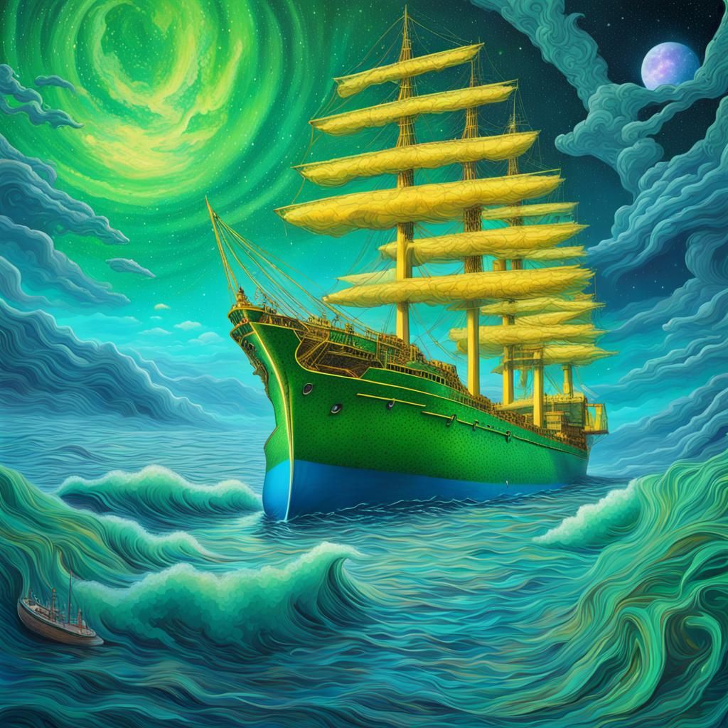 Ship on Blue Ocean with Green Sky
