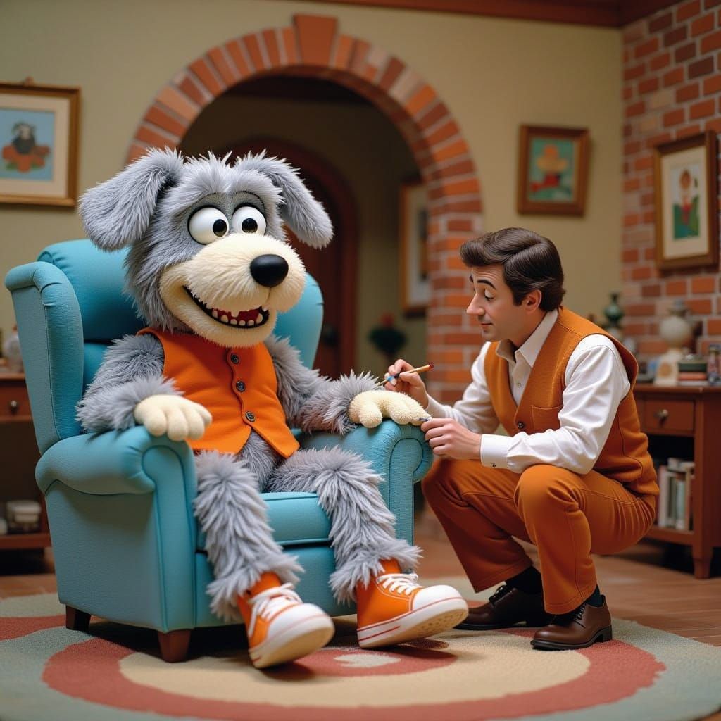 Anthropomorphic Puppet Dog in Bizarre Living Room