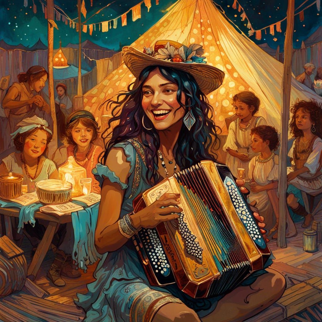 Bohemian Girl Plays Accordion in Gypsy Camp