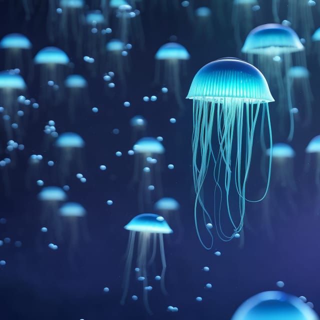 Glowing Jellyfish Swarm in Dark Blue Ocean