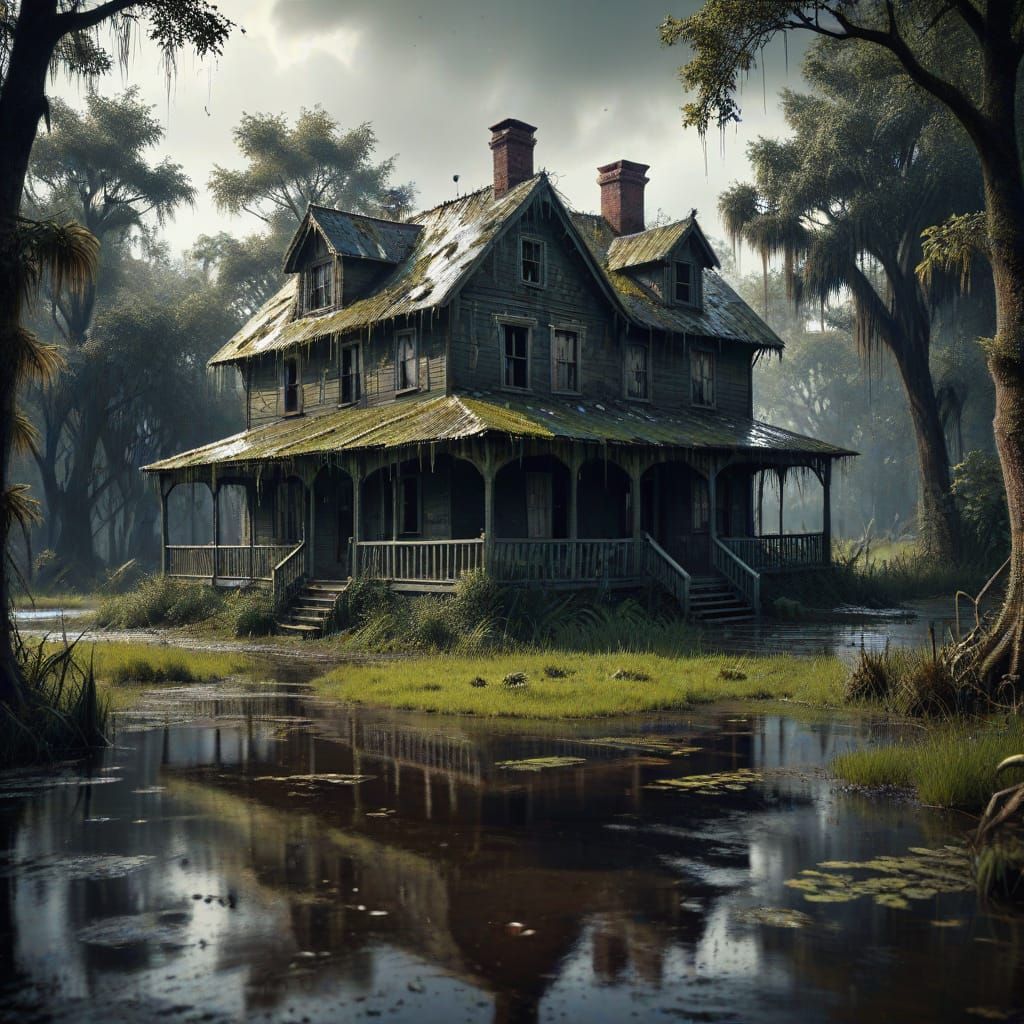 Hyperrealistic Swamp House in Oil Paint Style