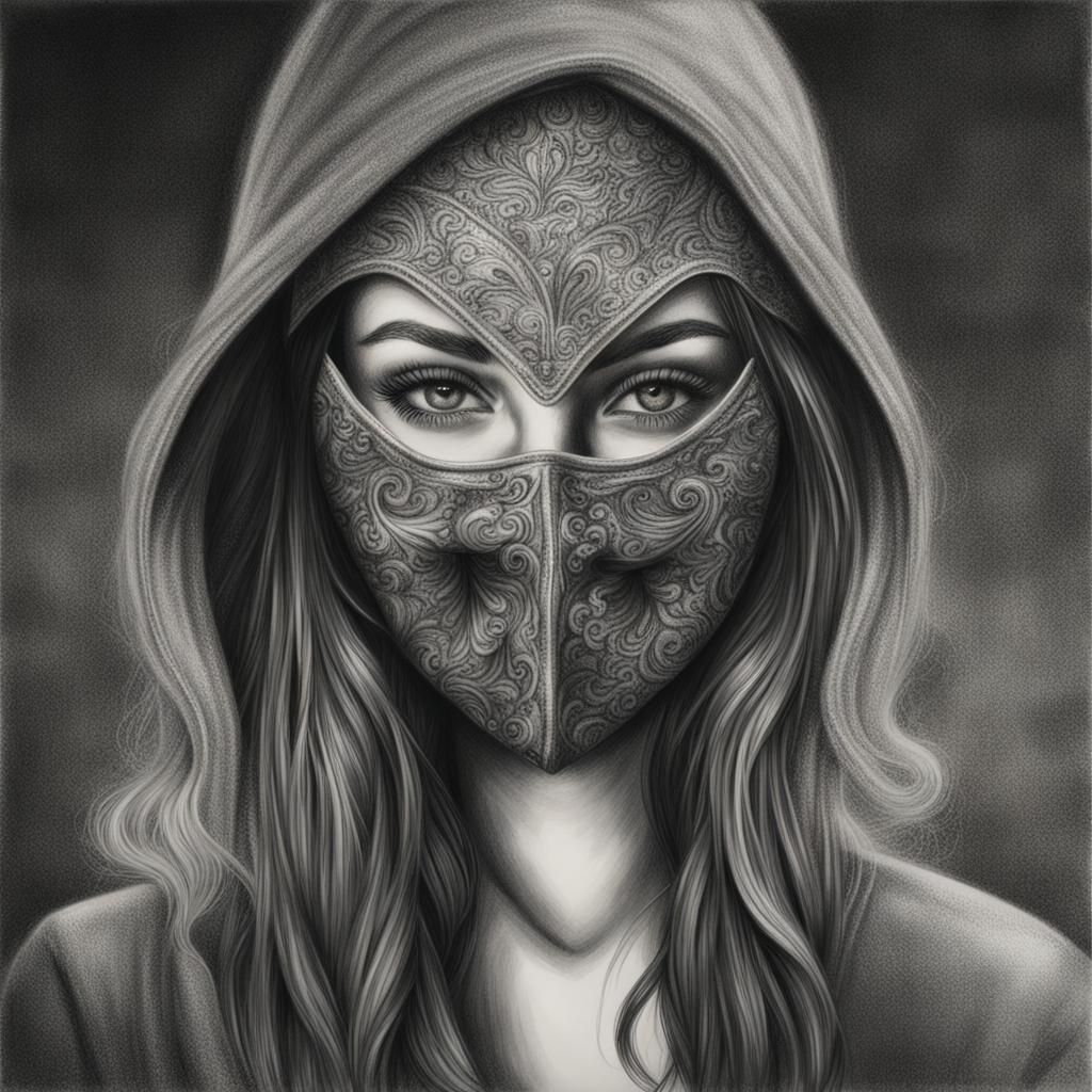 Hyperdetailed Charcoal Portrait of a Masked Girl