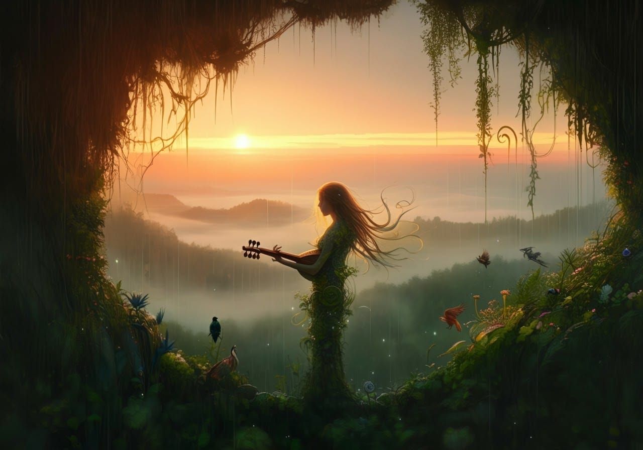 Ethereal Woman Silhouetted at Sunset in Romanticist Style