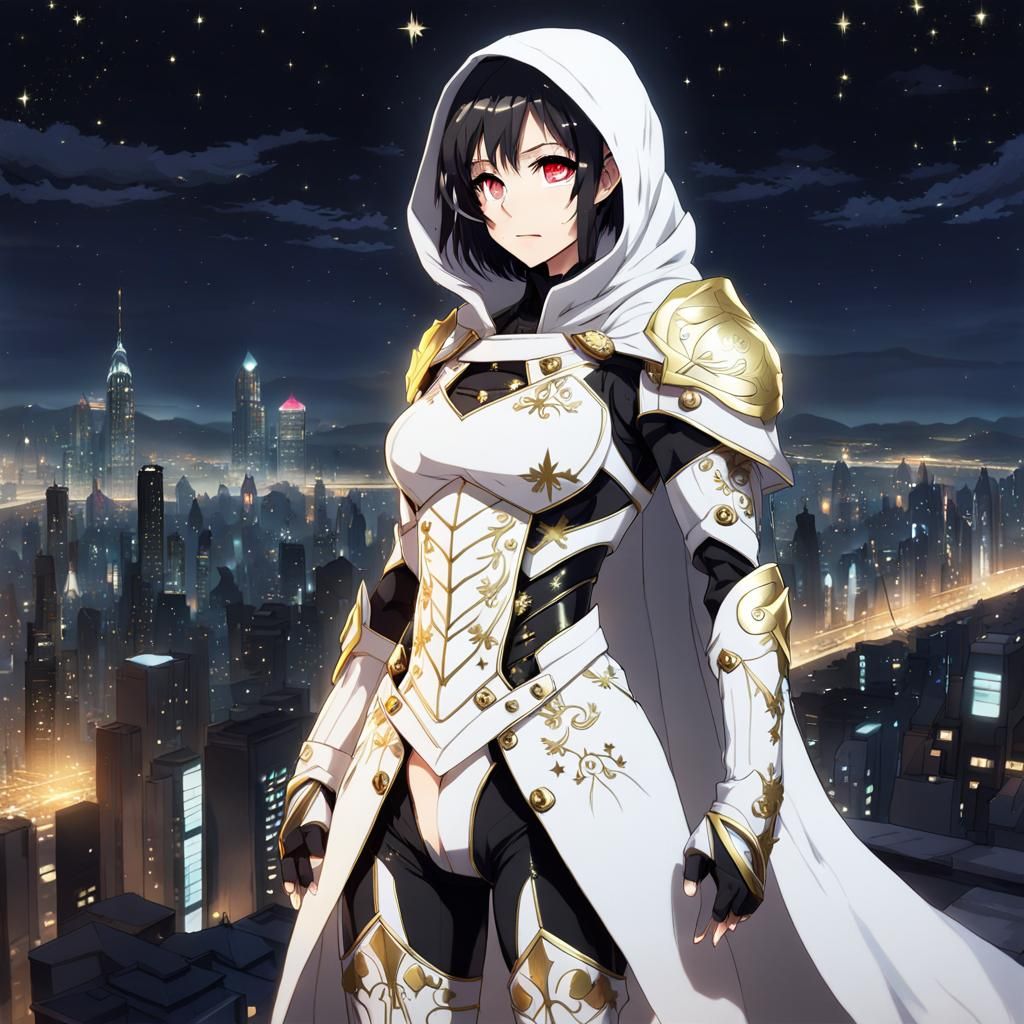 Armored Woman on City Rooftop at Night in Anime Style