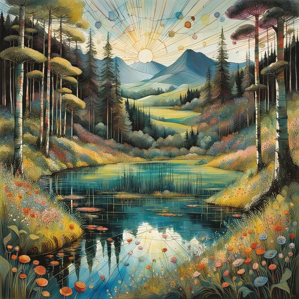 Blooming Lake in Hundertwasser-Inspired Style