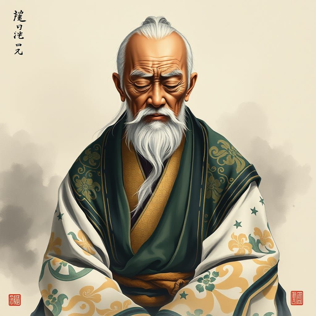 Elderly Asian Master Meditates in Traditional Chinese Ink Wa...