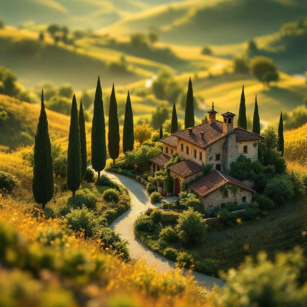 Miniature Tuscany Village in Summer Morning Light